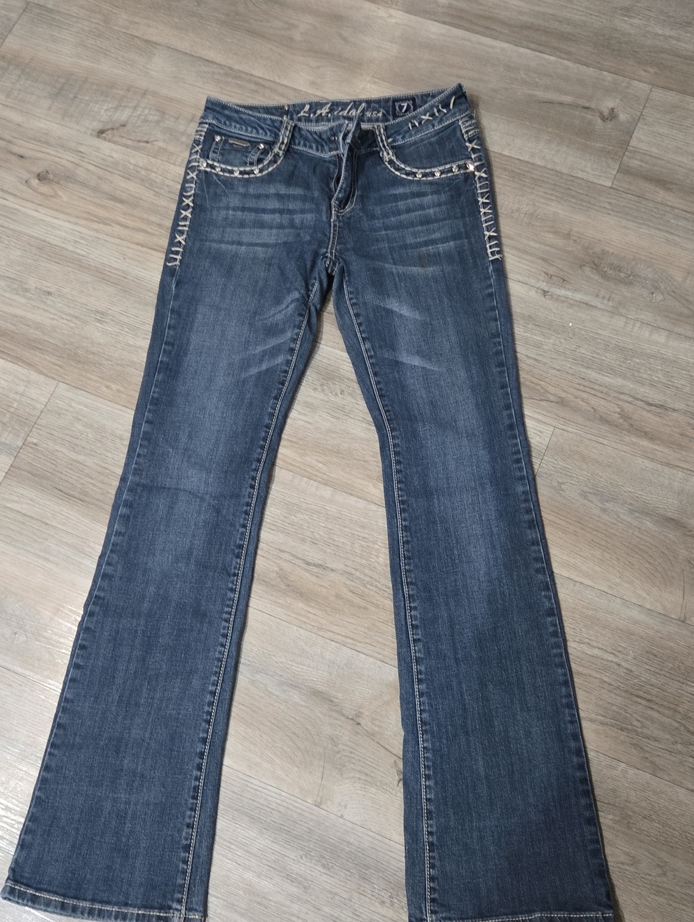 L.A. idol Dark Blue Flare Jeans with Embroidered Trim